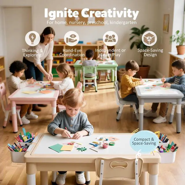 Alt view image 6 of 6 - Kids Table and Chairs Set Large Storage, Height Adjustable Toddler Activity Table and 2 Chairs Set, 34.6x24.8" Graffiti/Block Building Desktop, 4 Side Boxes, Kids desk for Home, Preschool, Classroom