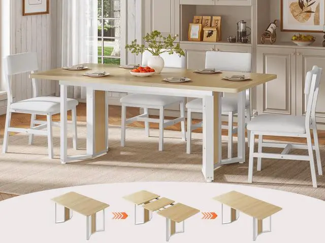Main image of 5-Piece Dining Table Set for 4-6 People, 63" Extendable Kitchen Table and 4 Cushion Chairs, Dining Room Table with MDF Board & Metal Frame for Small Space, Easy Clean, Natural