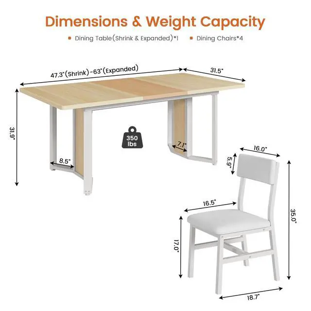 Alt view image 2 of 6 - 5-Piece Dining Table Set for 4-6 People, 63" Extendable Kitchen Table and 4 Cushion Chairs, Dining Room Table with MDF Board & Metal Frame for Small Space, Easy Clean, Natural
