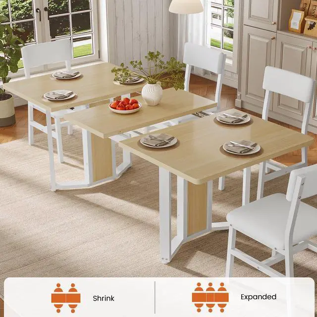 Alt view image 3 of 6 - 5-Piece Dining Table Set for 4-6 People, 63" Extendable Kitchen Table and 4 Cushion Chairs, Dining Room Table with MDF Board & Metal Frame for Small Space, Easy Clean, Natural