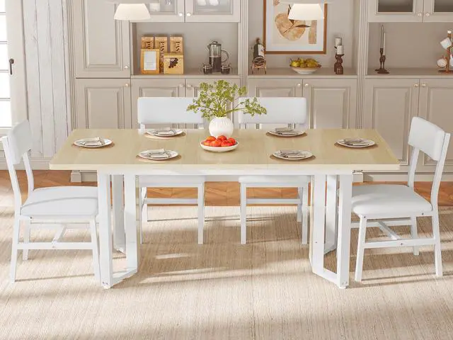 Alt view image 4 of 6 - 5-Piece Dining Table Set for 4-6 People, 63" Extendable Kitchen Table and 4 Cushion Chairs, Dining Room Table with MDF Board & Metal Frame for Small Space, Easy Clean, Natural