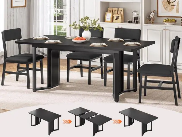 Main image of 5-Piece Dining Table Set for 4-6 People, 63" Extendable Kitchen Table and 4 Cushion Chairs, Dining Room Table with MDF Board & Metal Frame for Small Space, Easy Clean, Black