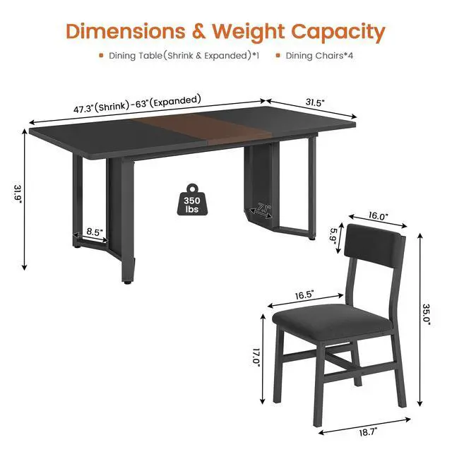 Alt view image 2 of 6 - 5-Piece Dining Table Set for 4-6 People, 63" Extendable Kitchen Table and 4 Cushion Chairs, Dining Room Table with MDF Board & Metal Frame for Small Space, Easy Clean, Black