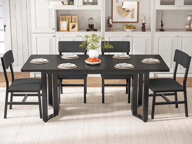 Alt view image 3 of 6 - 5-Piece Dining Table Set for 4-6 People, 63" Extendable Kitchen Table and 4 Cushion Chairs, Dining Room Table with MDF Board & Metal Frame for Small Space, Easy Clean, Black