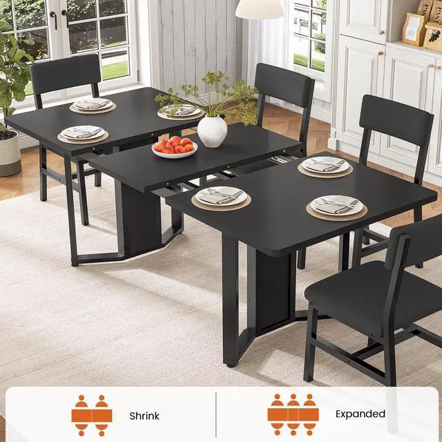 Alt view image 4 of 6 - 5-Piece Dining Table Set for 4-6 People, 63" Extendable Kitchen Table and 4 Cushion Chairs, Dining Room Table with MDF Board & Metal Frame for Small Space, Easy Clean, Black