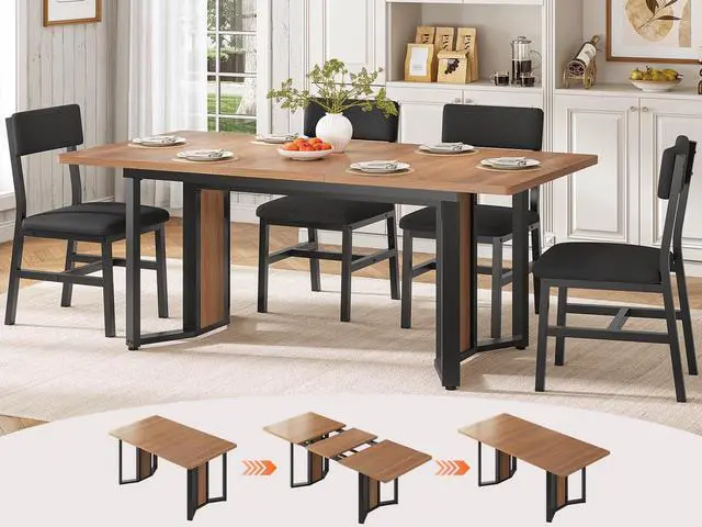 Main image of 5-Piece Dining Table Set for 4-6 People, 63" Extendable Kitchen Table and 4 Cushion Chairs, Dining Room Table with MDF Board & Metal Frame for Small Space, Easy Clean, Brown