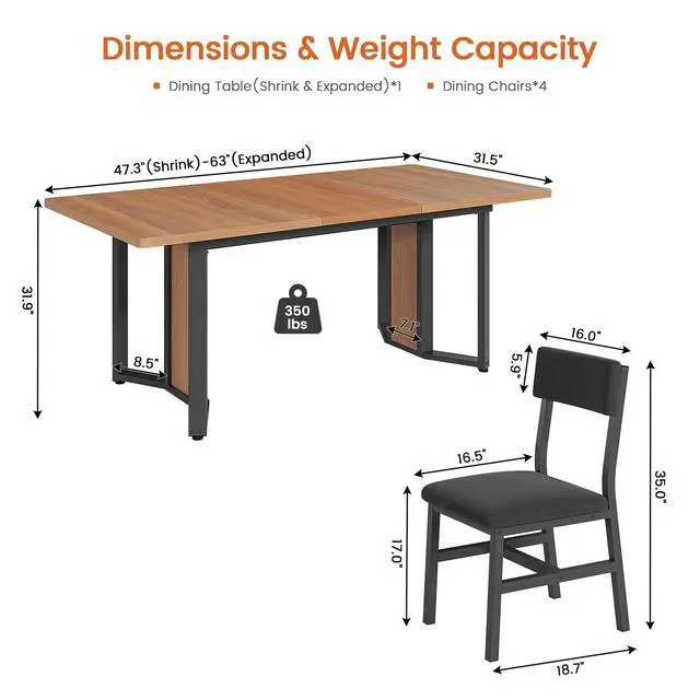 Alt view image 2 of 6 - 5-Piece Dining Table Set for 4-6 People, 63" Extendable Kitchen Table and 4 Cushion Chairs, Dining Room Table with MDF Board & Metal Frame for Small Space, Easy Clean, Brown