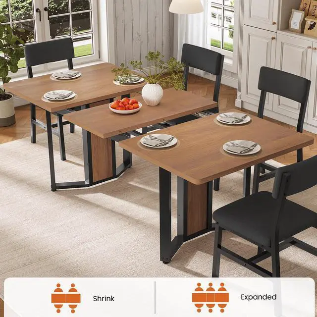 Alt view image 3 of 6 - 5-Piece Dining Table Set for 4-6 People, 63" Extendable Kitchen Table and 4 Cushion Chairs, Dining Room Table with MDF Board & Metal Frame for Small Space, Easy Clean, Brown