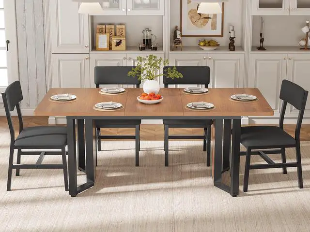 Alt view image 4 of 6 - 5-Piece Dining Table Set for 4-6 People, 63" Extendable Kitchen Table and 4 Cushion Chairs, Dining Room Table with MDF Board & Metal Frame for Small Space, Easy Clean, Brown