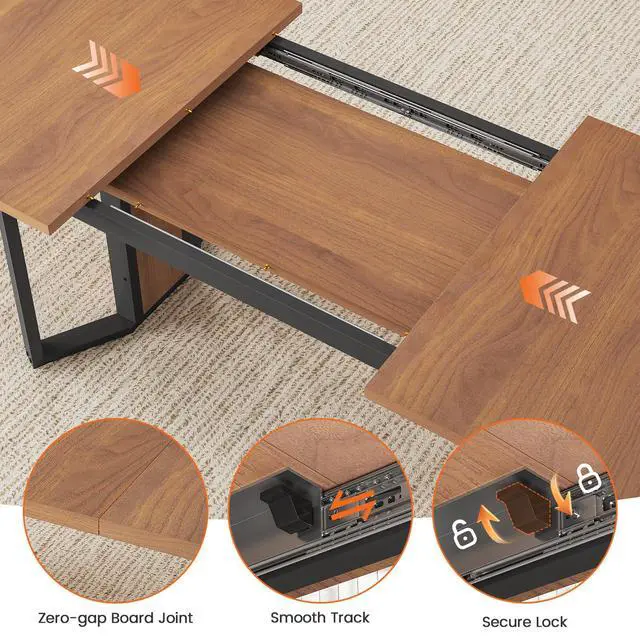 Alt view image 5 of 6 - 5-Piece Dining Table Set for 4-6 People, 63" Extendable Kitchen Table and 4 Cushion Chairs, Dining Room Table with MDF Board & Metal Frame for Small Space, Easy Clean, Brown