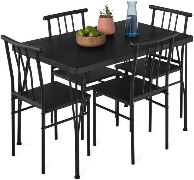 Main image of 5-Piece Metal and Wood Indoor Modern Rectangular Dining Table Furniture Set for Kitchen, Dining Room, Dinette, Breakfast Nook w/ 4 Chairs - Black