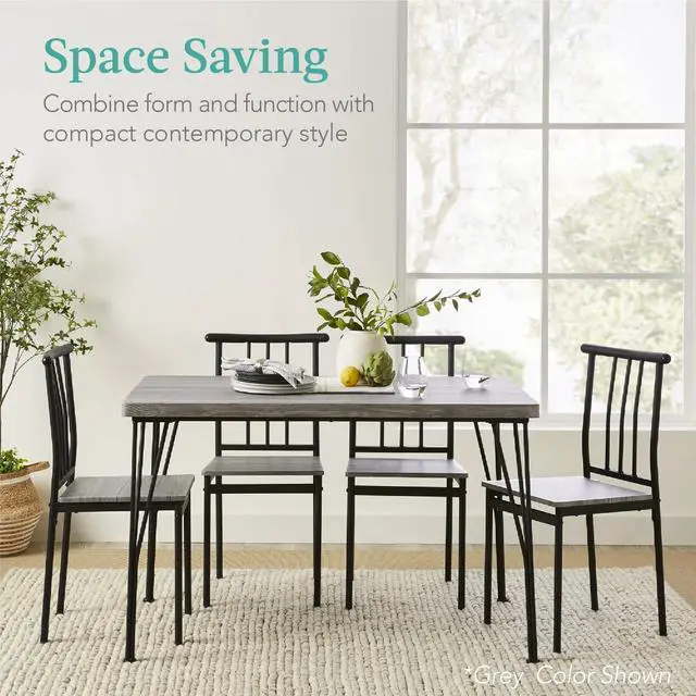 Alt view image 2 of 6 - 5-Piece Metal and Wood Indoor Modern Rectangular Dining Table Furniture Set for Kitchen, Dining Room, Dinette, Breakfast Nook w/ 4 Chairs - Black