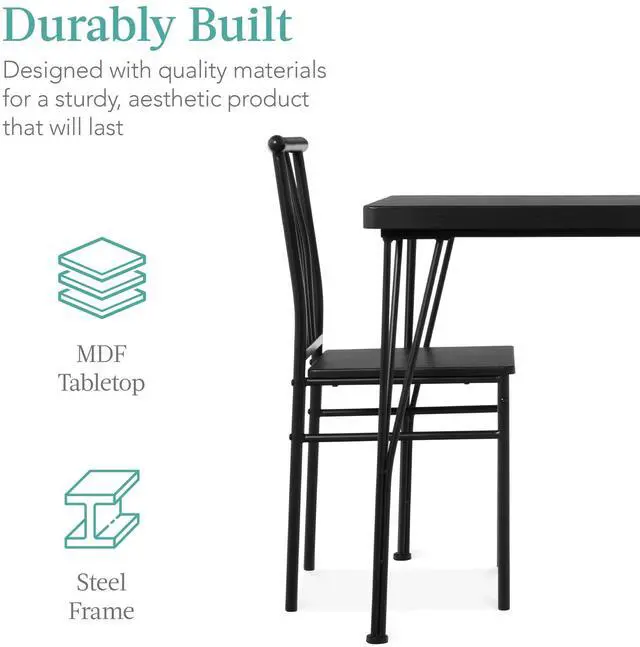 Alt view image 4 of 6 - 5-Piece Metal and Wood Indoor Modern Rectangular Dining Table Furniture Set for Kitchen, Dining Room, Dinette, Breakfast Nook w/ 4 Chairs - Black