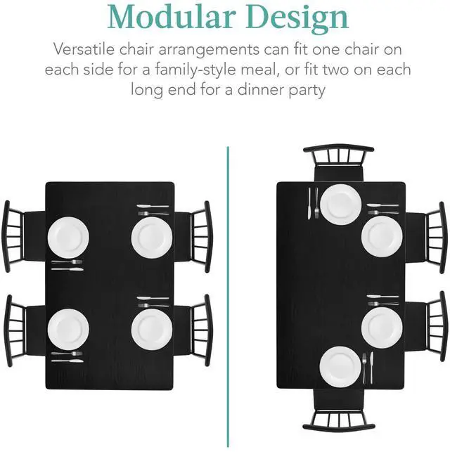 Alt view image 5 of 6 - 5-Piece Metal and Wood Indoor Modern Rectangular Dining Table Furniture Set for Kitchen, Dining Room, Dinette, Breakfast Nook w/ 4 Chairs - Black