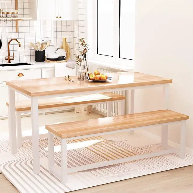 Main image of Dining Room Table Set with 2 Benches, Farmhouse Dining Table Set for 4-6, Wood Breakfast Table Set Dinner Table Set Kitchen Table and Chairs for Breakfast Nook Small Spaces, Beige