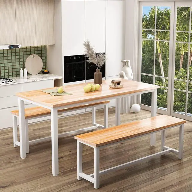 Alt view image 2 of 6 - Dining Room Table Set with 2 Benches, Farmhouse Dining Table Set for 4-6, Wood Breakfast Table Set Dinner Table Set Kitchen Table and Chairs for Breakfast Nook Small Spaces, Beige