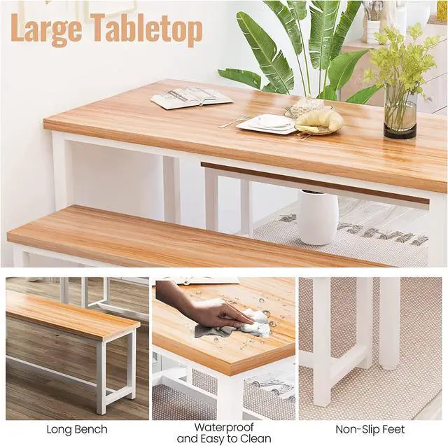 Alt view image 4 of 6 - Dining Room Table Set with 2 Benches, Farmhouse Dining Table Set for 4-6, Wood Breakfast Table Set Dinner Table Set Kitchen Table and Chairs for Breakfast Nook Small Spaces, Beige
