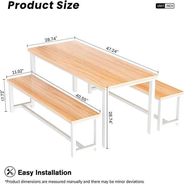 Alt view image 5 of 6 - Dining Room Table Set with 2 Benches, Farmhouse Dining Table Set for 4-6, Wood Breakfast Table Set Dinner Table Set Kitchen Table and Chairs for Breakfast Nook Small Spaces, Beige