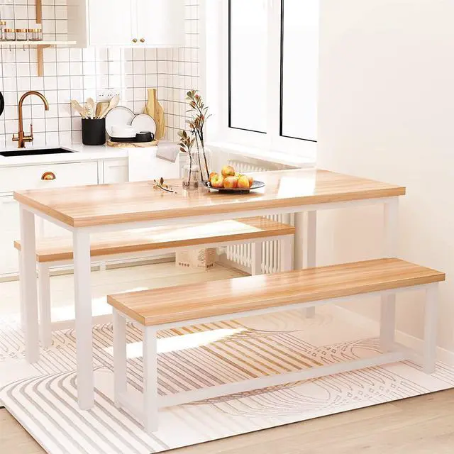 Main image of Dining Room Table Set with 2 Benches, Farmhouse Dining Table Set for 4, Wood Breakfast Dinner Table Set for Breakfast Nook Small Spaces, Beige