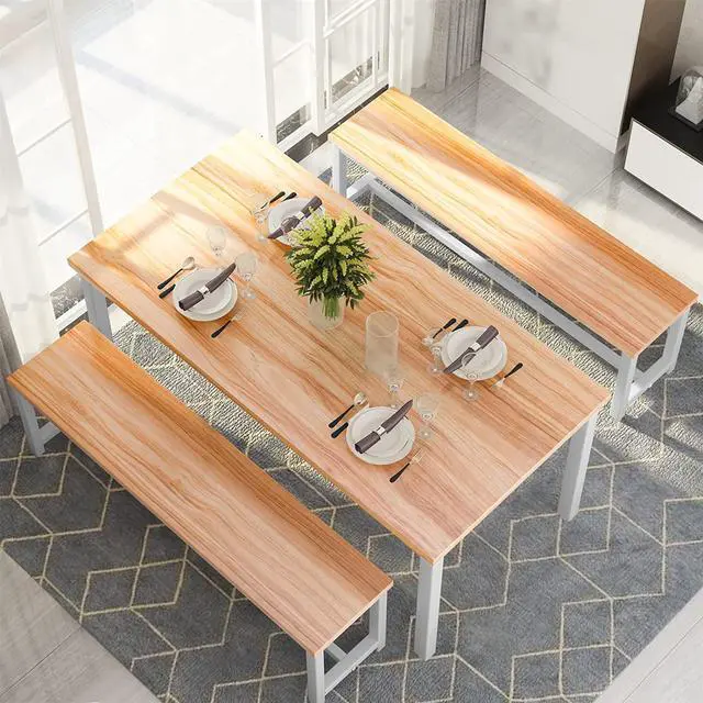 Alt view image 3 of 6 - Dining Room Table Set with 2 Benches, Farmhouse Dining Table Set for 4, Wood Breakfast Dinner Table Set for Breakfast Nook Small Spaces, Beige