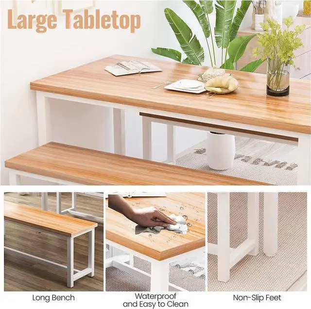 Alt view image 4 of 6 - Dining Room Table Set with 2 Benches, Farmhouse Dining Table Set for 4, Wood Breakfast Dinner Table Set for Breakfast Nook Small Spaces, Beige