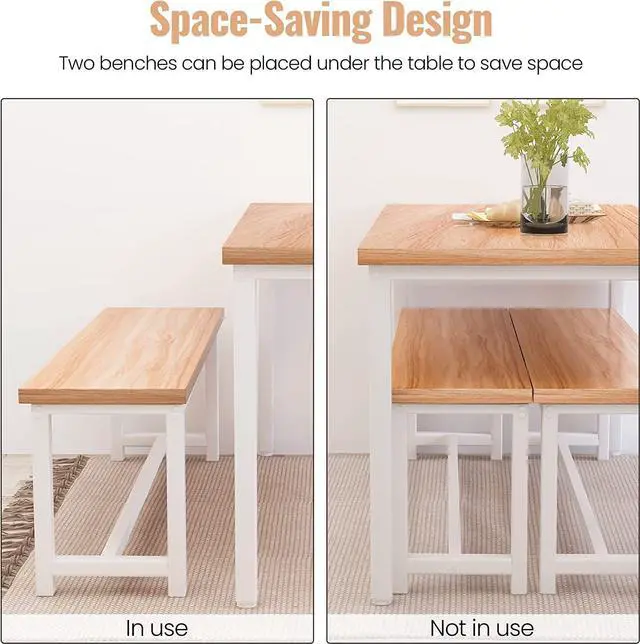 Alt view image 6 of 6 - Dining Room Table Set with 2 Benches, Farmhouse Dining Table Set for 4, Wood Breakfast Dinner Table Set for Breakfast Nook Small Spaces, Beige
