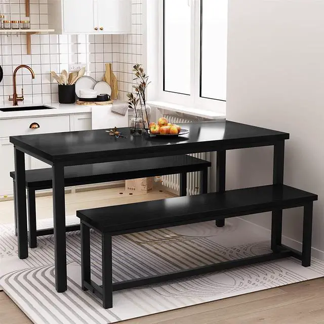 Main image of Dining Room Table Set with 2 Benches, Farmhouse Dining Table Set for 4-6, Wood Breakfast Table Set Dinner Table Set Kitchen Table and Chairs for Breakfast Nook Small Spaces, Black