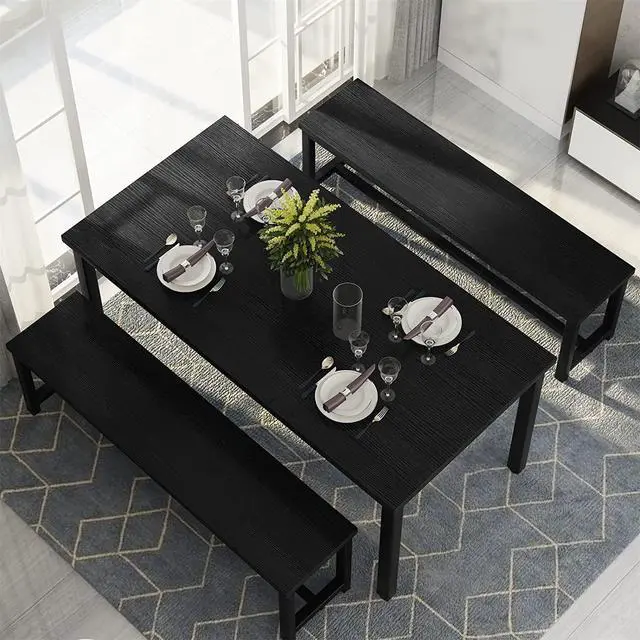 Alt view image 3 of 6 - Dining Room Table Set with 2 Benches, Farmhouse Dining Table Set for 4-6, Wood Breakfast Table Set Dinner Table Set Kitchen Table and Chairs for Breakfast Nook Small Spaces, Black