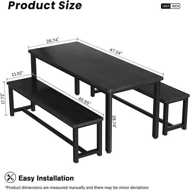 Alt view image 5 of 6 - Dining Room Table Set with 2 Benches, Farmhouse Dining Table Set for 4-6, Wood Breakfast Table Set Dinner Table Set Kitchen Table and Chairs for Breakfast Nook Small Spaces, Black