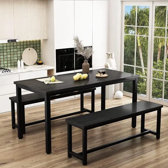 Alt view image 2 of 6 - Dining Room Table Set with 2 Benches, Farmhouse Dining Table Set for 4-6, Wood Breakfast Table Set Dinner Table Set Kitchen Table and Chairs for Breakfast Nook Small Spaces, Black