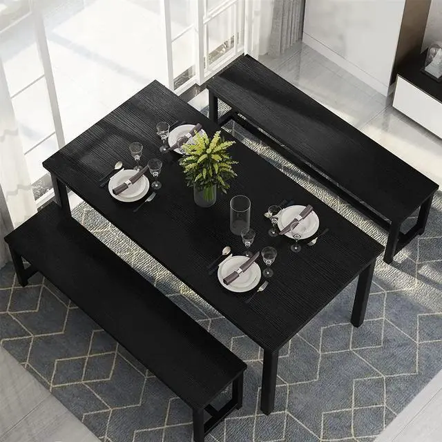 Alt view image 3 of 6 - Dining Room Table Set with 2 Benches, Farmhouse Dining Table Set for 4-6, Wood Breakfast Table Set Dinner Table Set Kitchen Table and Chairs for Breakfast Nook Small Spaces, Black