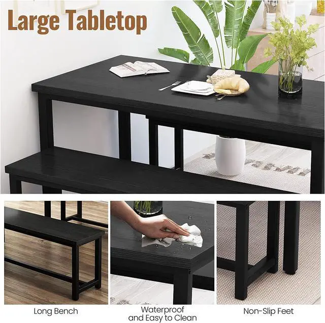 Alt view image 4 of 6 - Dining Room Table Set with 2 Benches, Farmhouse Dining Table Set for 4-6, Wood Breakfast Table Set Dinner Table Set Kitchen Table and Chairs for Breakfast Nook Small Spaces, Black