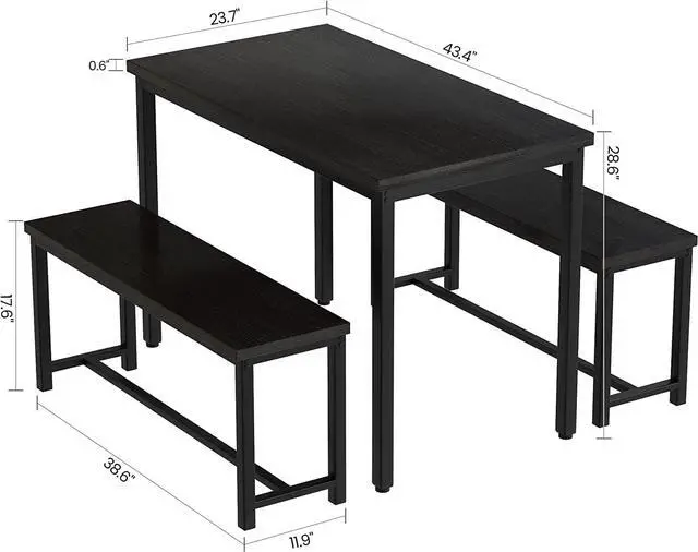 Alt view image 5 of 6 - Dining Room Table Set with 2 Benches, Farmhouse Dining Table Set for 4-6, Wood Breakfast Table Set Dinner Table Set Kitchen Table and Chairs for Breakfast Nook Small Spaces, Black