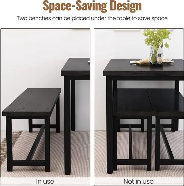 Alt view image 6 of 6 - Dining Room Table Set with 2 Benches, Farmhouse Dining Table Set for 4-6, Wood Breakfast Table Set Dinner Table Set Kitchen Table and Chairs for Breakfast Nook Small Spaces, Black