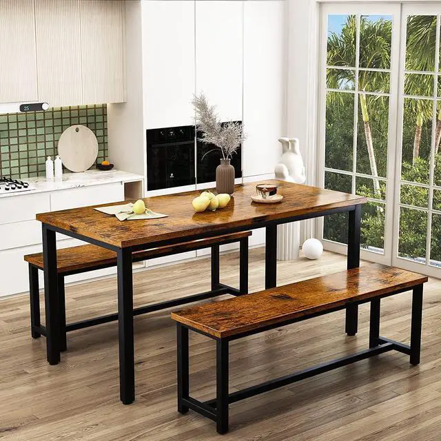 Alt view image 2 of 6 - Dining Room Table Set with 2 Benches, Farmhouse Dining Table Set for 4-6, Wood Breakfast Table Set Dinner Table Set Kitchen Table and Chairs for Breakfast Nook Small Spaces, Brown