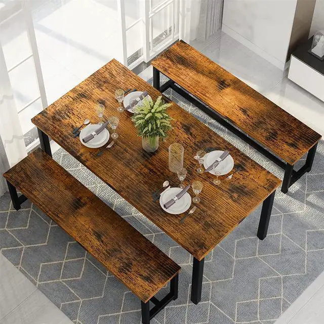 Alt view image 3 of 6 - Dining Room Table Set with 2 Benches, Farmhouse Dining Table Set for 4-6, Wood Breakfast Table Set Dinner Table Set Kitchen Table and Chairs for Breakfast Nook Small Spaces, Brown