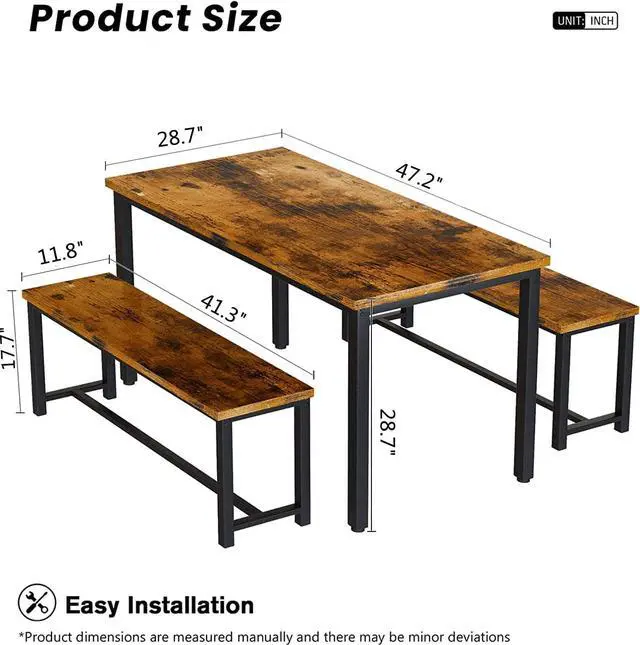 Alt view image 5 of 6 - Dining Room Table Set with 2 Benches, Farmhouse Dining Table Set for 4-6, Wood Breakfast Table Set Dinner Table Set Kitchen Table and Chairs for Breakfast Nook Small Spaces, Brown