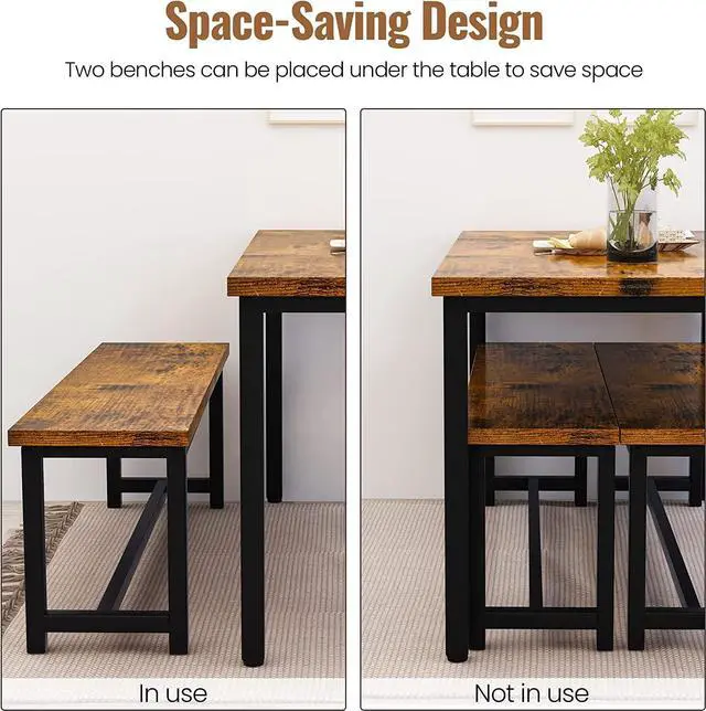 Alt view image 6 of 6 - Dining Room Table Set with 2 Benches, Farmhouse Dining Table Set for 4-6, Wood Breakfast Table Set Dinner Table Set Kitchen Table and Chairs for Breakfast Nook Small Spaces, Brown