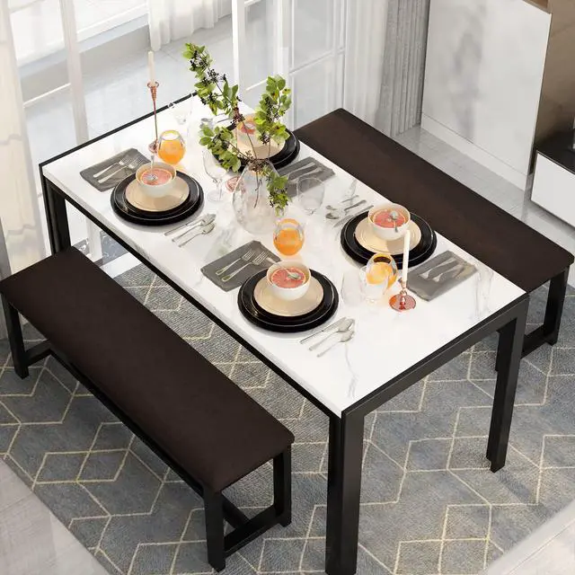 Alt view image 2 of 6 - Dining Room Table Set with 2 Benches, Dining Table Set for 4-6, Dinner Table Set for 4, Faux Marble Breakfast Table Set & PU Leather Upholstered Benches for Small Spaces, Apartment, White