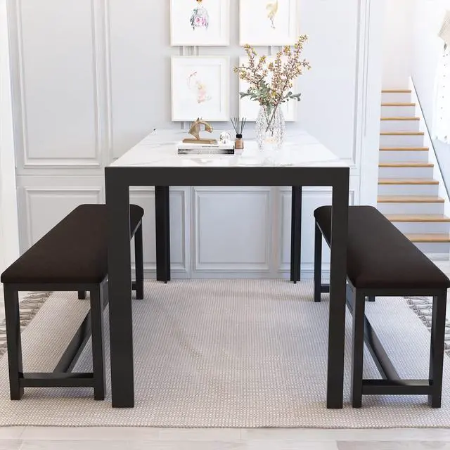 Alt view image 3 of 6 - Dining Room Table Set with 2 Benches, Dining Table Set for 4-6, Dinner Table Set for 4, Faux Marble Breakfast Table Set & PU Leather Upholstered Benches for Small Spaces, Apartment, White