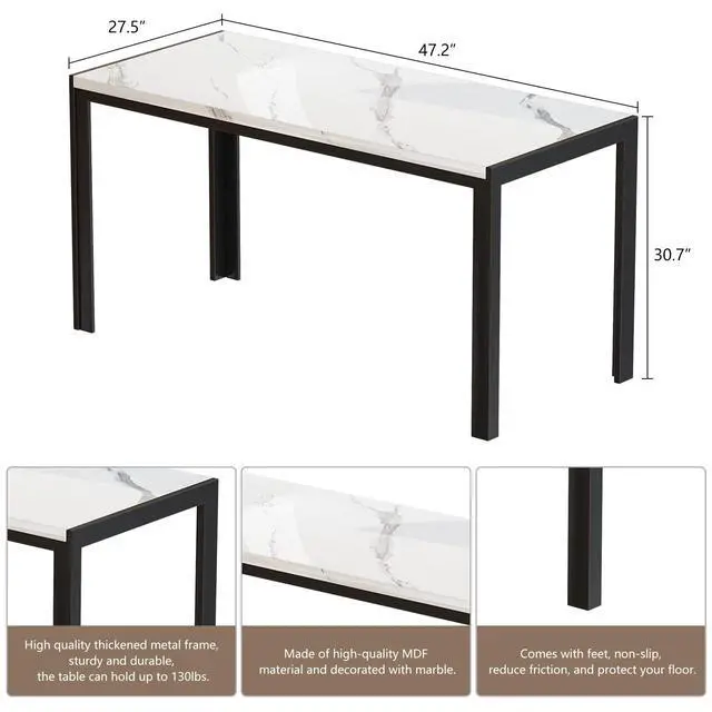 Alt view image 4 of 6 - Dining Room Table Set with 2 Benches, Dining Table Set for 4-6, Dinner Table Set for 4, Faux Marble Breakfast Table Set & PU Leather Upholstered Benches for Small Spaces, Apartment, White