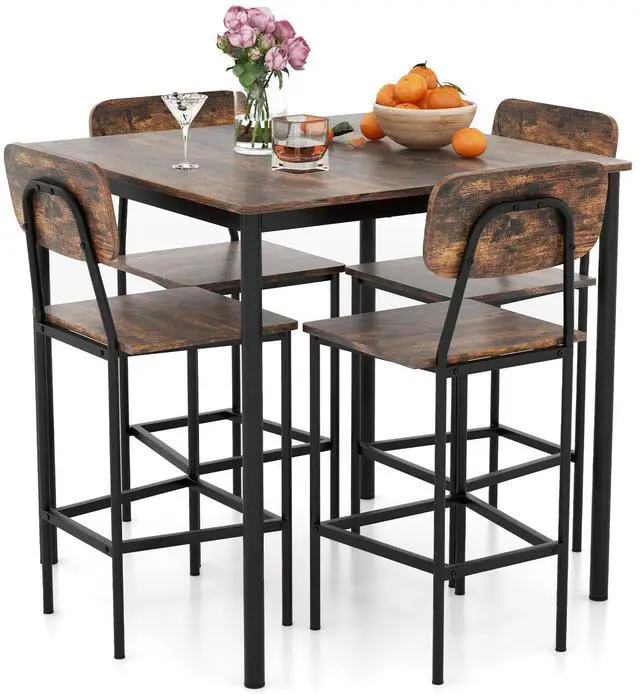 Main image of 5-Piece Dining Table Set W/Counter Height Table & 4 Bar Stools, Industrial Kitchen Dining Set W/Footrest & Backrest, Space-Saving Dinette Set for Pub, Dining Room, Restaurant (Mix Brown)