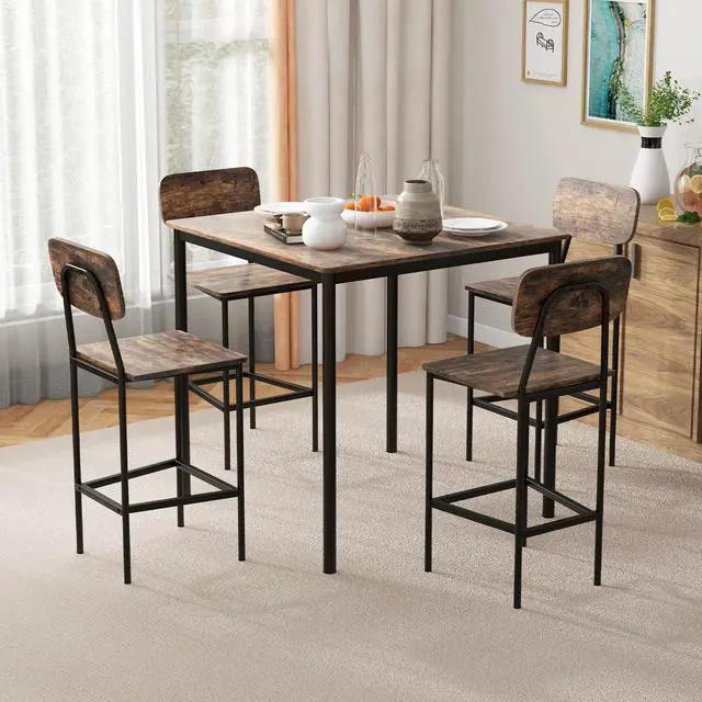 Alt view image 2 of 6 - 5-Piece Dining Table Set W/Counter Height Table & 4 Bar Stools, Industrial Kitchen Dining Set W/Footrest & Backrest, Space-Saving Dinette Set for Pub, Dining Room, Restaurant (Mix Brown)
