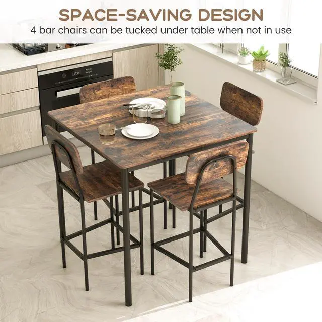 Alt view image 3 of 6 - 5-Piece Dining Table Set W/Counter Height Table & 4 Bar Stools, Industrial Kitchen Dining Set W/Footrest & Backrest, Space-Saving Dinette Set for Pub, Dining Room, Restaurant (Mix Brown)