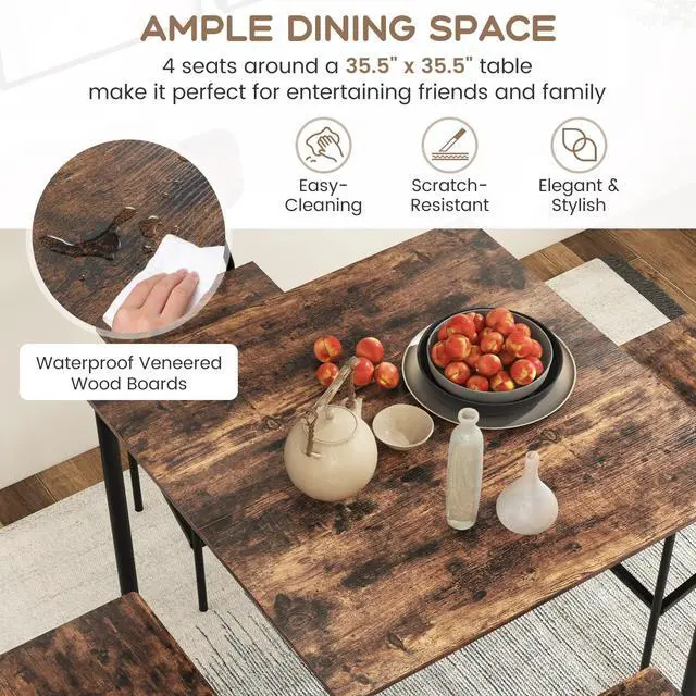 Alt view image 4 of 6 - 5-Piece Dining Table Set W/Counter Height Table & 4 Bar Stools, Industrial Kitchen Dining Set W/Footrest & Backrest, Space-Saving Dinette Set for Pub, Dining Room, Restaurant (Mix Brown)