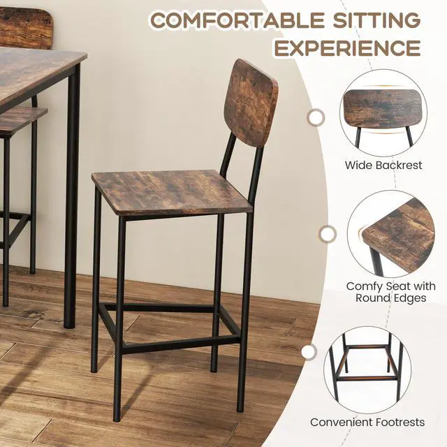 Alt view image 5 of 6 - 5-Piece Dining Table Set W/Counter Height Table & 4 Bar Stools, Industrial Kitchen Dining Set W/Footrest & Backrest, Space-Saving Dinette Set for Pub, Dining Room, Restaurant (Mix Brown)