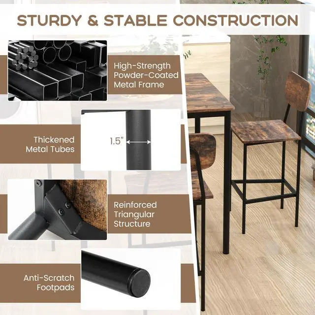 Alt view image 6 of 6 - 5-Piece Dining Table Set W/Counter Height Table & 4 Bar Stools, Industrial Kitchen Dining Set W/Footrest & Backrest, Space-Saving Dinette Set for Pub, Dining Room, Restaurant (Mix Brown)