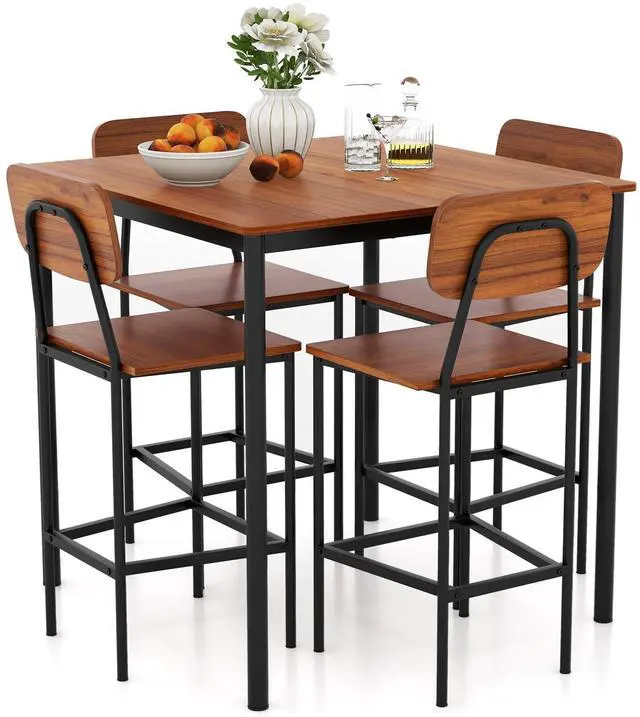 Main image of 5-Piece Dining Table Set W/Counter Height Table & 4 Bar Stools, Industrial Kitchen Dining Table Set W/Footrest & Backrest, Space-Saving Dinette Set for Pub, Dining Room, Restaurant (Walnut)
