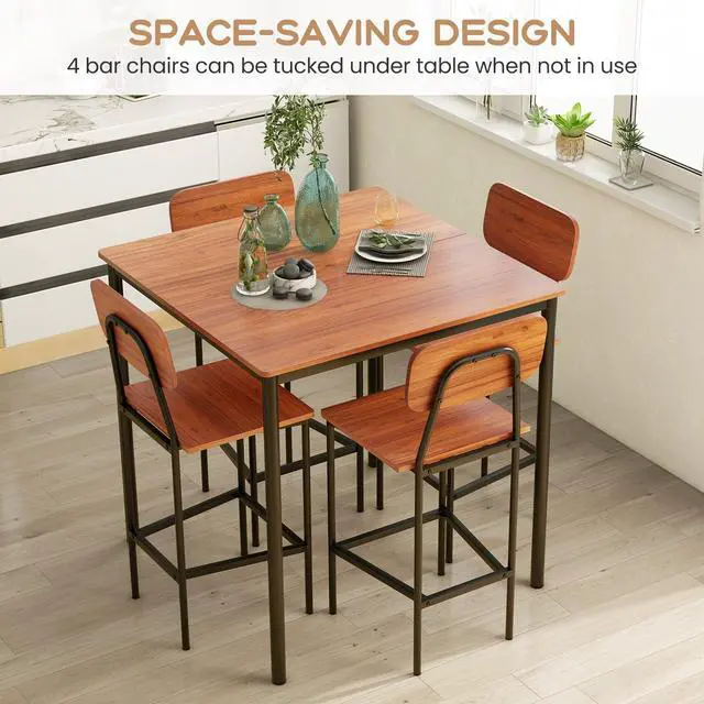 Alt view image 2 of 6 - 5-Piece Dining Table Set W/Counter Height Table & 4 Bar Stools, Industrial Kitchen Dining Table Set W/Footrest & Backrest, Space-Saving Dinette Set for Pub, Dining Room, Restaurant (Walnut)