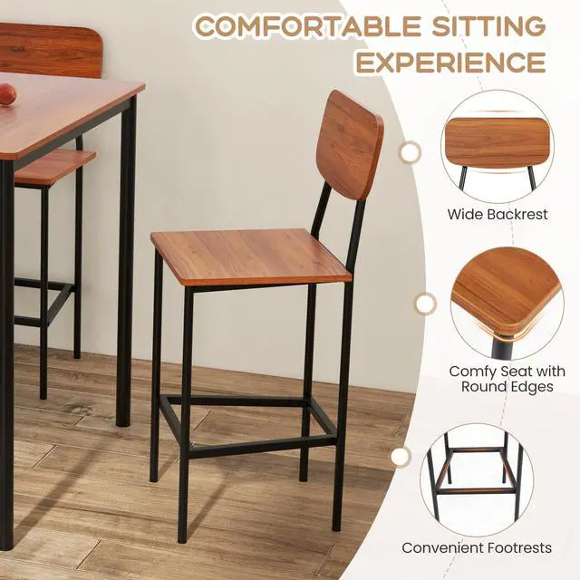 Alt view image 3 of 6 - 5-Piece Dining Table Set W/Counter Height Table & 4 Bar Stools, Industrial Kitchen Dining Table Set W/Footrest & Backrest, Space-Saving Dinette Set for Pub, Dining Room, Restaurant (Walnut)